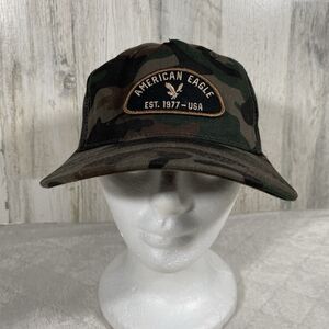 American Eagle Black Camo Trucker Hat Logo Mesh Snap Back Americana